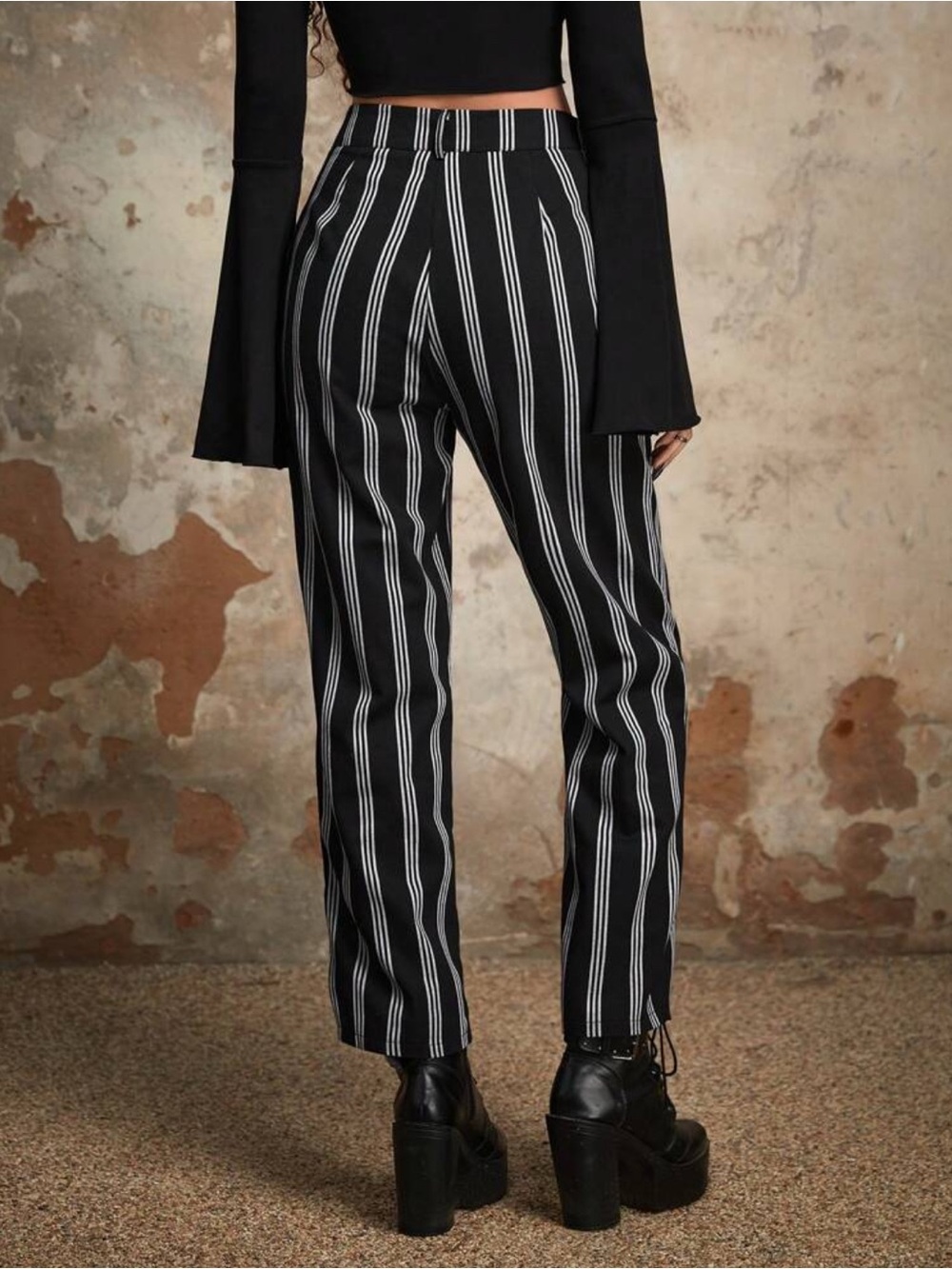 Corporate Goth Black & White Vertical Stripe High-Waist Pants, Pinstripe Size M - Picture 2 of 7